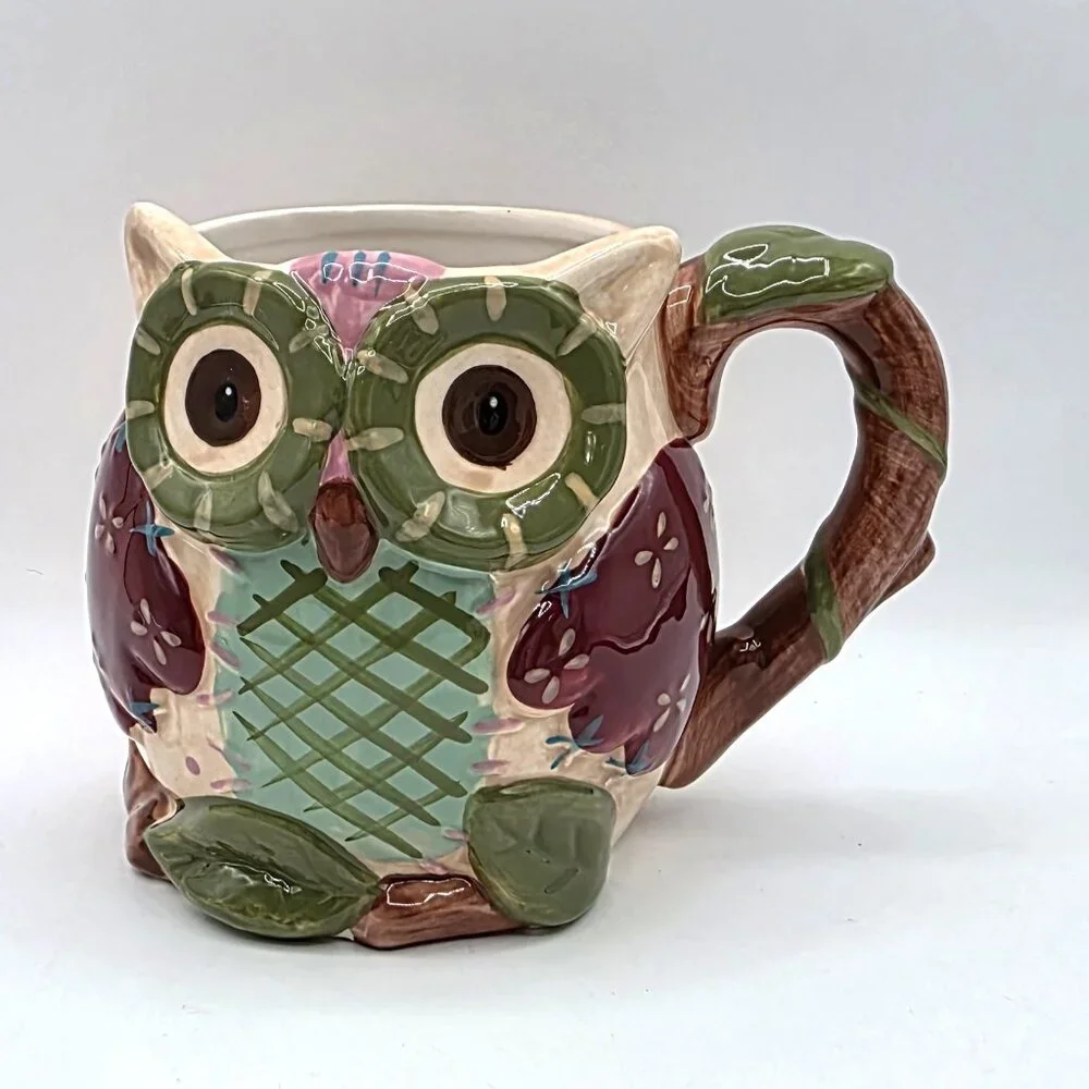 Pier 1 Imports Olli the Owl Coffee Cup Mug Hand Painted Dolomite Unique Lg 24 oz